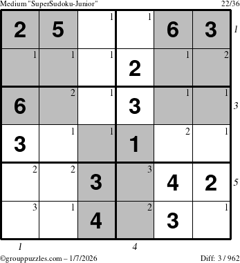 The grouppuzzles.com Medium SuperSudoku-Junior puzzle for Wednesday January 7, 2026 with all 3 steps marked