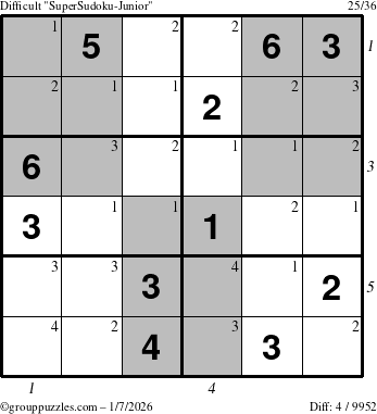 The grouppuzzles.com Difficult SuperSudoku-Junior puzzle for Wednesday January 7, 2026, suitable for printing, with all 4 steps marked