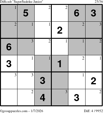 The grouppuzzles.com Difficult SuperSudoku-Junior puzzle for Wednesday January 7, 2026 with the first 3 steps marked