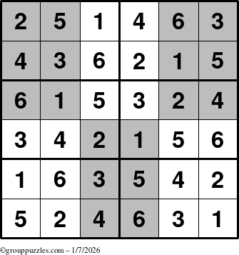 The grouppuzzles.com Answer grid for the SuperSudoku-Junior puzzle for Wednesday January 7, 2026
