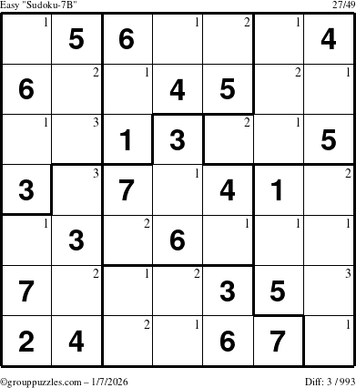 The grouppuzzles.com Easy Sudoku-7B puzzle for Wednesday January 7, 2026 with the first 3 steps marked