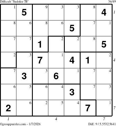 The grouppuzzles.com Difficult Sudoku-7B puzzle for Wednesday January 7, 2026 with all 9 steps marked