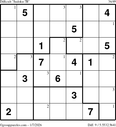 The grouppuzzles.com Difficult Sudoku-7B puzzle for Wednesday January 7, 2026 with the first 3 steps marked