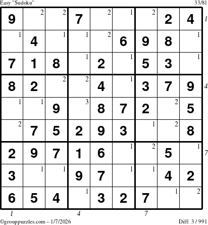 The grouppuzzles.com Easy Sudoku puzzle for Wednesday January 7, 2026 with all 3 steps marked