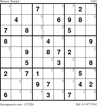 The grouppuzzles.com Medium Sudoku puzzle for Wednesday January 7, 2026 with the first 3 steps marked