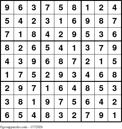 The grouppuzzles.com Answer grid for the Sudoku puzzle for Wednesday January 7, 2026