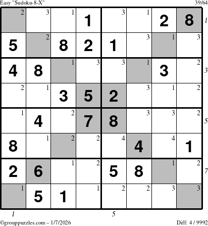 The grouppuzzles.com Easy Sudoku-8-X puzzle for Wednesday January 7, 2026, suitable for printing, with all 4 steps marked