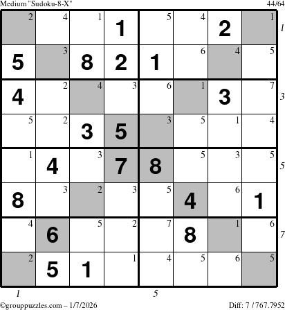 The grouppuzzles.com Medium Sudoku-8-X puzzle for Wednesday January 7, 2026, suitable for printing, with all 7 steps marked