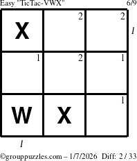 The grouppuzzles.com Easy TicTac-VWX puzzle for Wednesday January 7, 2026, suitable for printing, with all 2 steps marked
