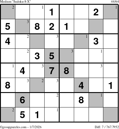 The grouppuzzles.com Medium Sudoku-8-X puzzle for Wednesday January 7, 2026 with the first 3 steps marked