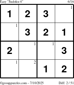 The grouppuzzles.com Easy Sudoku-4 puzzle for Thursday July 10, 2025 with the first 2 steps marked