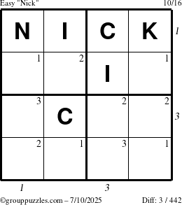 The grouppuzzles.com Easy Nick puzzle for Thursday July 10, 2025 with all 3 steps marked