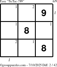 The grouppuzzles.com Easy TicTac-789 puzzle for Thursday July 10, 2025 with all 2 steps marked