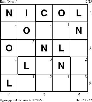 The grouppuzzles.com Easy Nicol puzzle for Thursday July 10, 2025 with all 3 steps marked