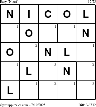The grouppuzzles.com Easy Nicol puzzle for Thursday July 10, 2025 with the first 3 steps marked