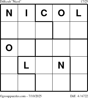 The grouppuzzles.com Difficult Nicol puzzle for Thursday July 10, 2025