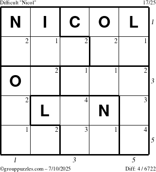 The grouppuzzles.com Difficult Nicol puzzle for Thursday July 10, 2025 with all 4 steps marked