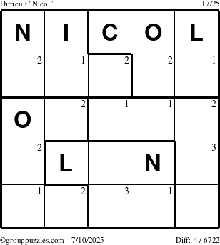 The grouppuzzles.com Difficult Nicol puzzle for Thursday July 10, 2025 with the first 3 steps marked