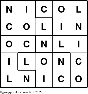 The grouppuzzles.com Answer grid for the Nicol puzzle for Thursday July 10, 2025