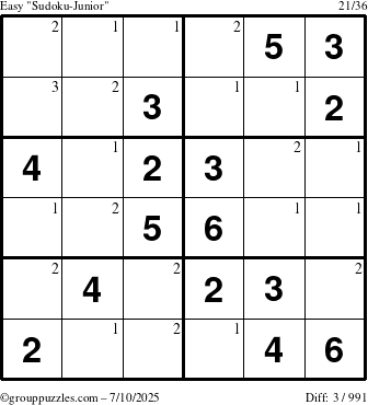 The grouppuzzles.com Easy Sudoku-Junior puzzle for Thursday July 10, 2025 with the first 3 steps marked