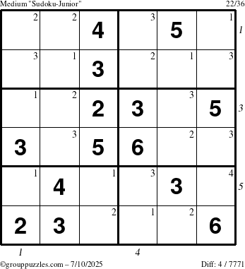 The grouppuzzles.com Medium Sudoku-Junior puzzle for Thursday July 10, 2025 with all 4 steps marked