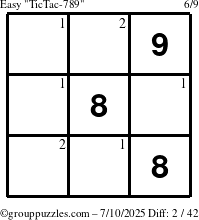 The grouppuzzles.com Easy TicTac-789 puzzle for Thursday July 10, 2025 with the first 2 steps marked