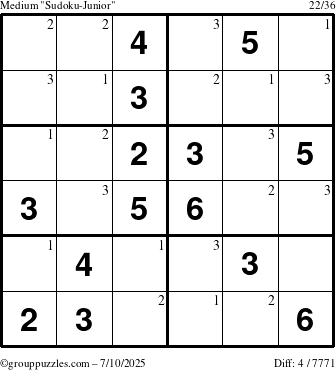 The grouppuzzles.com Medium Sudoku-Junior puzzle for Thursday July 10, 2025 with the first 3 steps marked