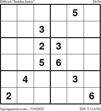 The grouppuzzles.com Difficult Sudoku-Junior puzzle for Thursday July 10, 2025