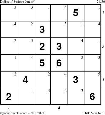 The grouppuzzles.com Difficult Sudoku-Junior puzzle for Thursday July 10, 2025 with all 5 steps marked