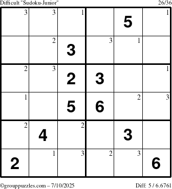 The grouppuzzles.com Difficult Sudoku-Junior puzzle for Thursday July 10, 2025 with the first 3 steps marked