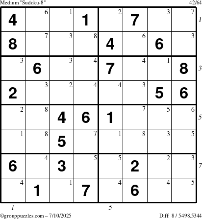 The grouppuzzles.com Medium Sudoku-8 puzzle for Thursday July 10, 2025 with all 8 steps marked