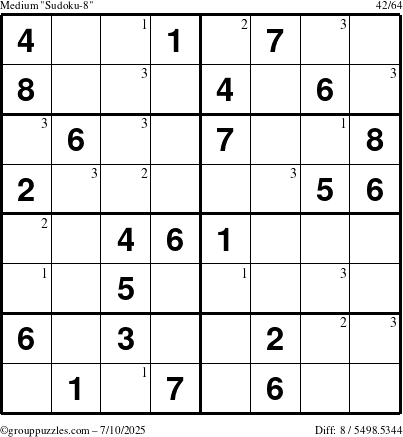 The grouppuzzles.com Medium Sudoku-8 puzzle for Thursday July 10, 2025 with the first 3 steps marked