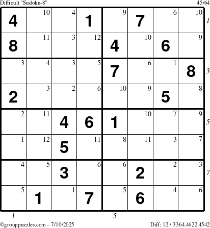 The grouppuzzles.com Difficult Sudoku-8 puzzle for Thursday July 10, 2025 with all 12 steps marked