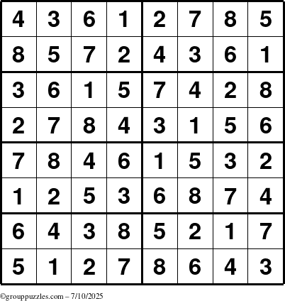 The grouppuzzles.com Answer grid for the Sudoku-8 puzzle for Thursday July 10, 2025