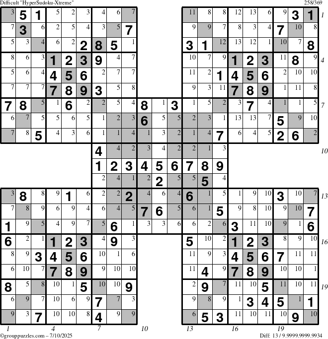 The grouppuzzles.com Difficult cover-HyperXtreme puzzle for Thursday July 10, 2025 with all 13 steps marked