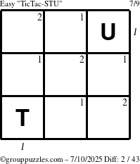 The grouppuzzles.com Easy TicTac-STU puzzle for Thursday July 10, 2025 with all 2 steps marked
