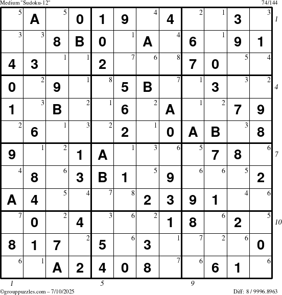 The grouppuzzles.com Medium Sudoku-12 puzzle for Thursday July 10, 2025 with all 8 steps marked