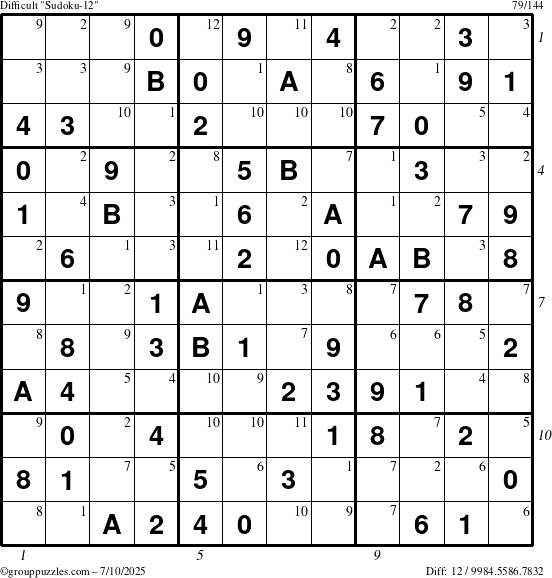 The grouppuzzles.com Difficult Sudoku-12 puzzle for Thursday July 10, 2025 with all 12 steps marked
