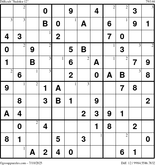 The grouppuzzles.com Difficult Sudoku-12 puzzle for Thursday July 10, 2025 with the first 3 steps marked