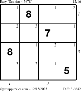 The grouppuzzles.com Easy Sudoku-4-5678 puzzle for Monday December 15, 2025 with all 3 steps marked
