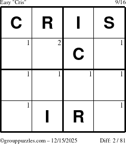 The grouppuzzles.com Easy Cris puzzle for Monday December 15, 2025 with the first 2 steps marked