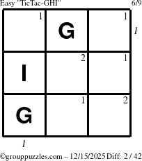 The grouppuzzles.com Easy TicTac-GHI puzzle for Monday December 15, 2025 with all 2 steps marked