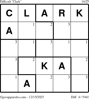 The grouppuzzles.com Difficult Clark puzzle for Monday December 15, 2025 with the first 3 steps marked