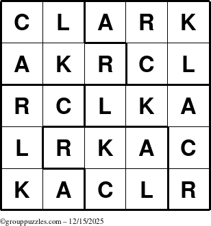 The grouppuzzles.com Answer grid for the Clark puzzle for Monday December 15, 2025