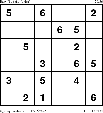 The grouppuzzles.com Easy Sudoku-Junior puzzle for Monday December 15, 2025