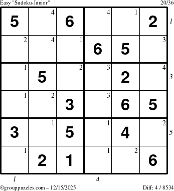 The grouppuzzles.com Easy Sudoku-Junior puzzle for Monday December 15, 2025 with all 4 steps marked