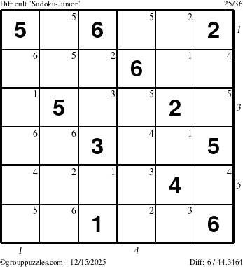 The grouppuzzles.com Difficult Sudoku-Junior puzzle for Monday December 15, 2025 with all 6 steps marked