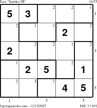 The grouppuzzles.com Easy Sudoku-5B puzzle for Monday December 15, 2025 with all 3 steps marked