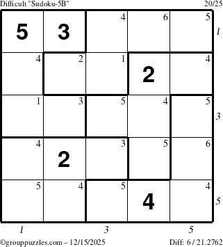 The grouppuzzles.com Difficult Sudoku-5B puzzle for Monday December 15, 2025, suitable for printing, with all 6 steps marked