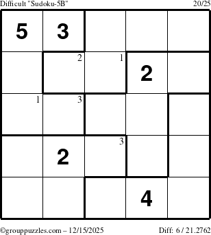 The grouppuzzles.com Difficult Sudoku-5B puzzle for Monday December 15, 2025 with the first 3 steps marked